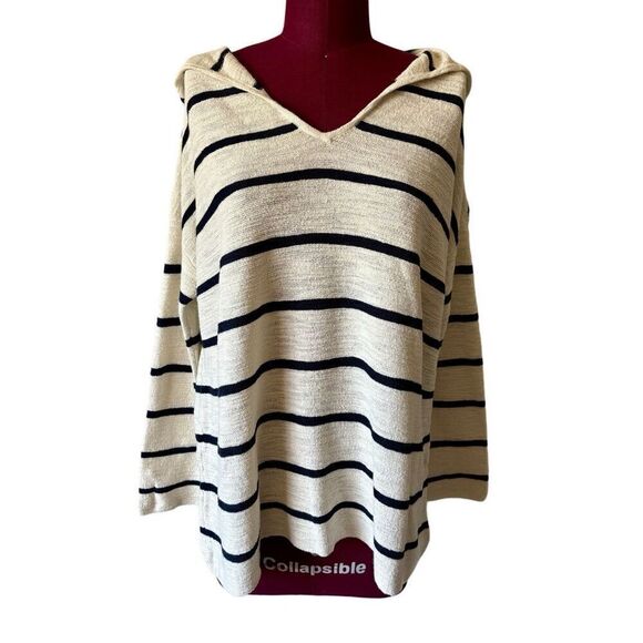 NEW J.Jill Hooded Top size M Cotton Blend Striped Cream Navy Black - Picture 2 of 8